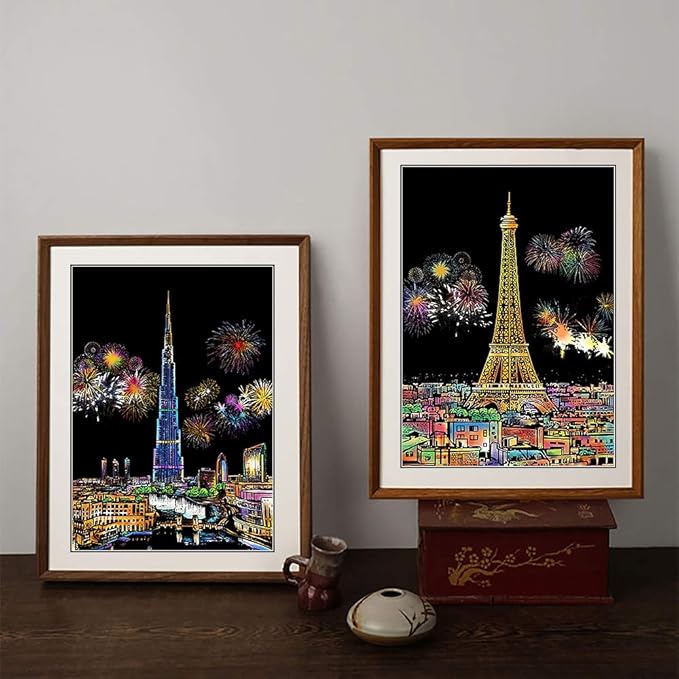 Scratch Art for Kids & Adults, Rainbow Engraving Painting Landscape Scratchboard(A4) Crafts Set: 8 Sheets 4 tools - Fireworks, Big Ben, Tower Bridge, Cristo Redentor, Ferris Wheel(Landmark Building)