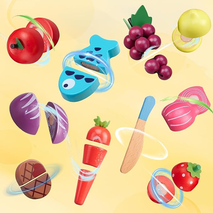 Wooden Play Food Sets for Kitchen Kids Velcro Fruits and Vegetables Cutting Toys for Toddlers Pretend Food Kitchen Accessories Playset Birthday for 3 4 5 6 Years Old Boys Girls