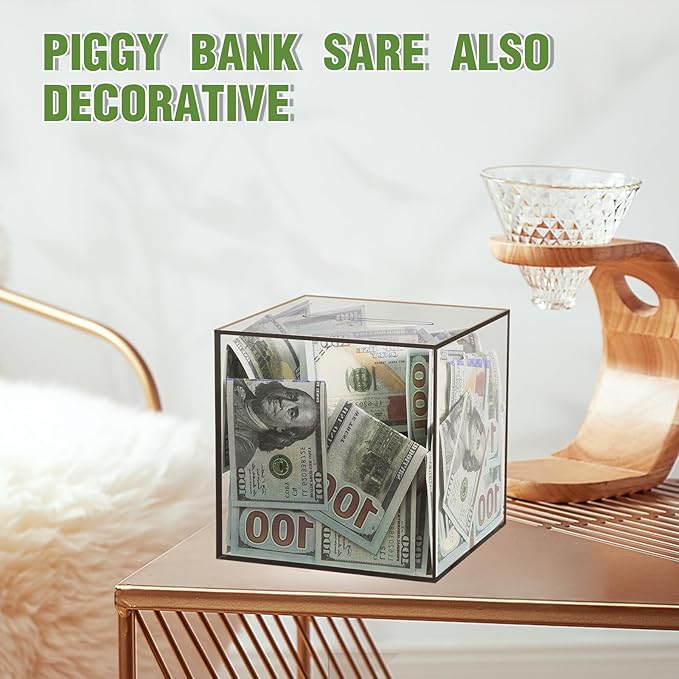 Clear Piggy Bank for Adults/Kids, Acrylic Unopenable Money Box for Cash Coin Saving, Must Break to Open, Money Saving Jar for Adults Boys Girls, Size 5.9''