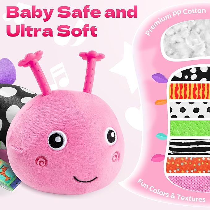 HEMRLY Baby Girl Toys for 0-6 Months, Musical Plush Caterpillar Infant Sensory Toy with Baby Mirror&Crinkle Rattle,Pull String,Teething, Tummy Time Newborn Gifts for 0-3-6-12 Boys Girls - Pink Leaf
