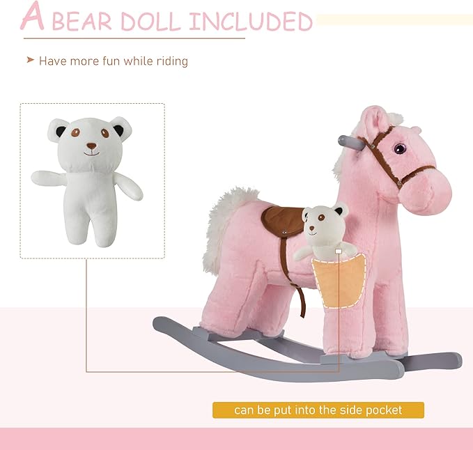 Qaba Kids Plush Ride-On Rocking Horse with Bear Toy, Children Chair with Soft Plush Toy & Fun Realistic Sounds, Pink