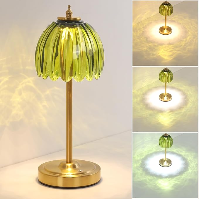 Cordless Small Table Lamp with 5000mAh Battery & Touch Control - 3 Adjustable Color Temperatures, Dimmable Rechargeable Table Lamps for Living Room, Bedroom, Desk, Nightstand (Green Tulip)