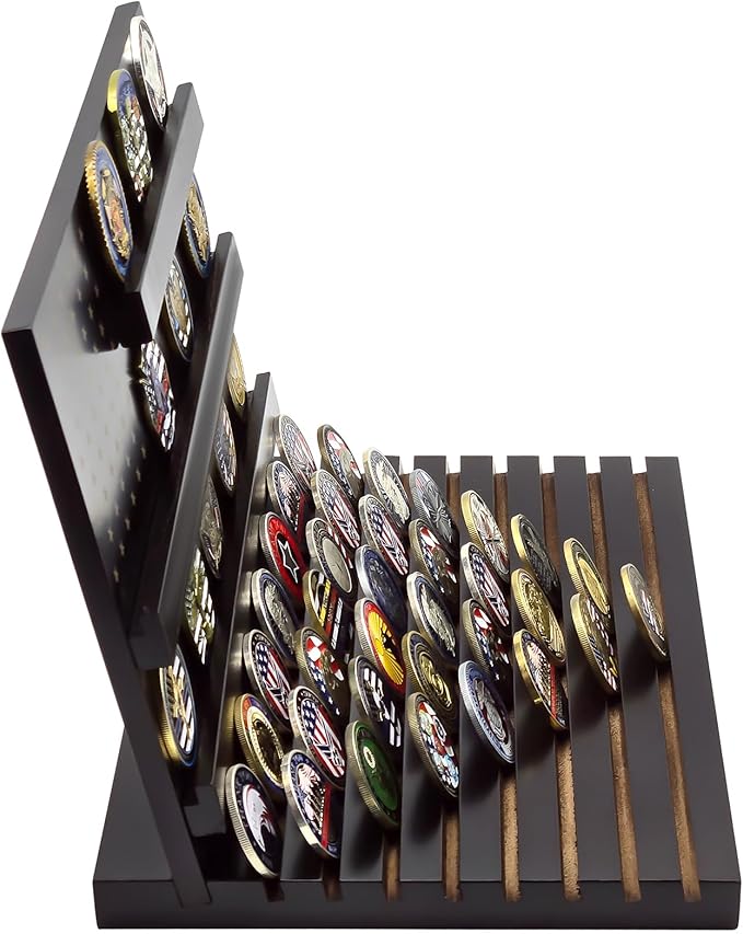 PiaoHao Challenge Coin Display Stand Military Coin Holder Wooden Rack Holds 80 Coins (Black)
