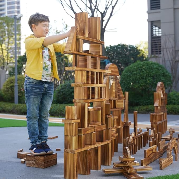 64 pcs Large Outdoor Carbonized Wooden Building Blocks Set for Kids Toddlers 3-12, Giant Carbonized Outside Wooden Blocks Playset for Kindergarten Yard, Jumbo Blocks (jumbo set 2#: 45 lbs (20.7 kg)
