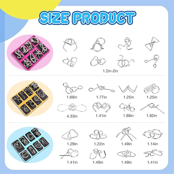 Metal Wire Puzzle Set，Brain Teaser Metals Puzzle ，Chinese Ring Magic Trick Toy for Party Favor Kids 7-14 and Adults Challenge (B(Metal))