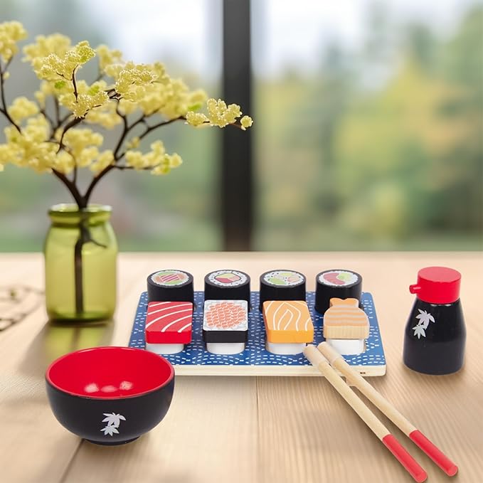 Sushi Slicing Play Food Set, Wooden Pretend Play Kitchen Toys for Kids 3+, Sushi Food Play Learning Toy for Girls Boys