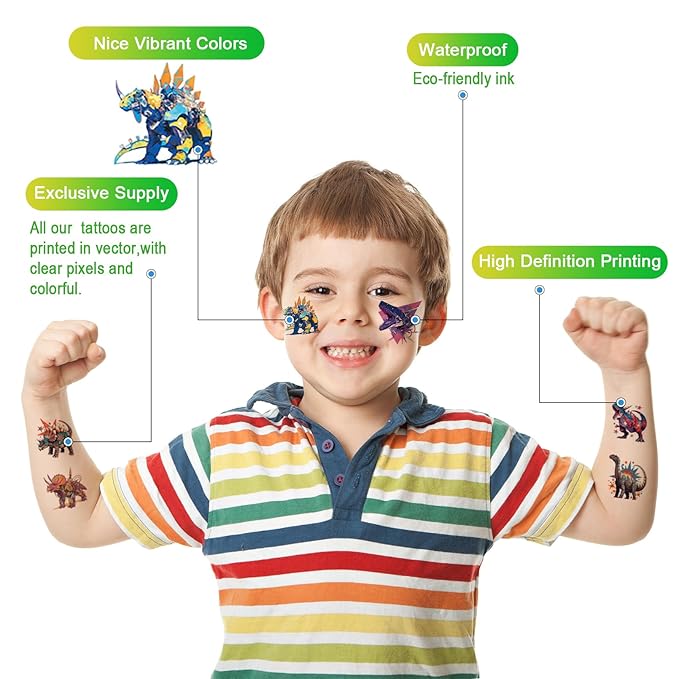 Aresvns Cute Dinosaur Temporary Tattoos for Kids, 117 Parttens Fake Cartoon Colorful Waterproof Tiny Tattoos for Girls Boys Birthday Party Summer Swimming Pool BBQ Decoration Supplies