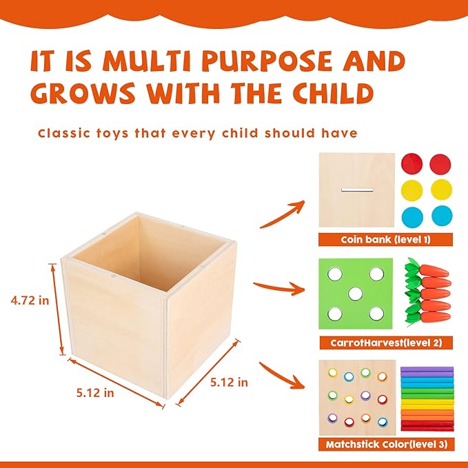 Montessori Toys for 1+ Year Old Babies - 4-in-1 Play Kit Includes Carrot Harvest Game, Infant Coin Box, Fine Motor Skills Toys and Object Permanence Box