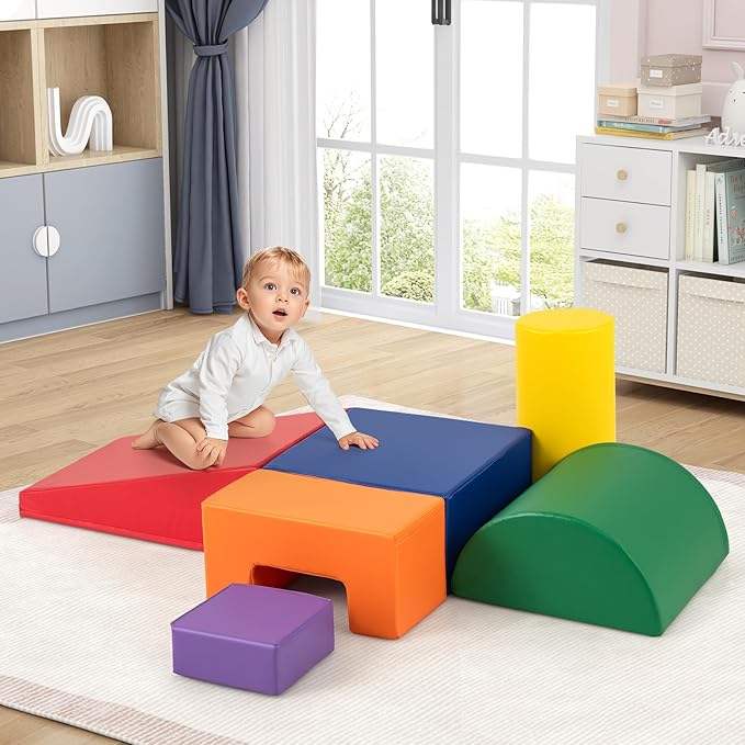 Costzon Toddler Climbing Toys, 6 Pieces Climb and Crawl Playset with PU Cover for Baby Crawling, Climbing & Walking, Indoor Foam Climbing Blocks for Toddlers (Rainbow)