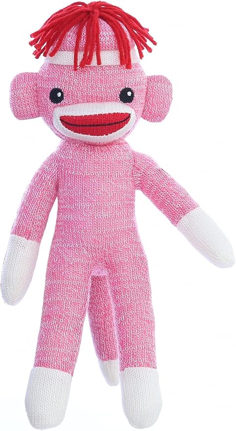 Adorable Sock Monkey 8 inch, The Original Traditional Hand Knitted Stuffed Animal Toy Gift-for Kids, Babies, Teens, Girls and Boys Baby Doll Present Puppet (Pink 8inch)