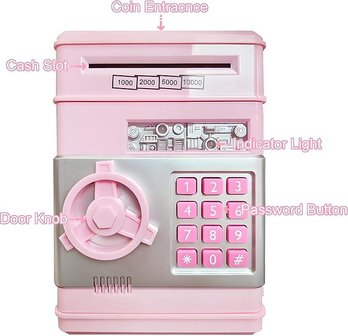 Piggy Bank Electronic Mini ATM for Kids Toy, Safe Money Saving Box Coin Banks Password Code Lock for 3-14 Years Old Kids, Boys Girls Ideal Gift (Light Pink)