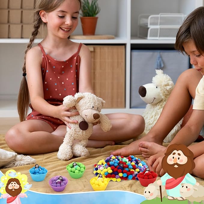 235 Pcs Jesus Sensory Bin Filler Fine Motor Toys Counting Sorting 200 Felt Pompoms 24 Mini Jesus Figures 5 Tweezers 5 Silicone Plates 1 Storage Box, for Counting Sorting Christian Gifts Fillers