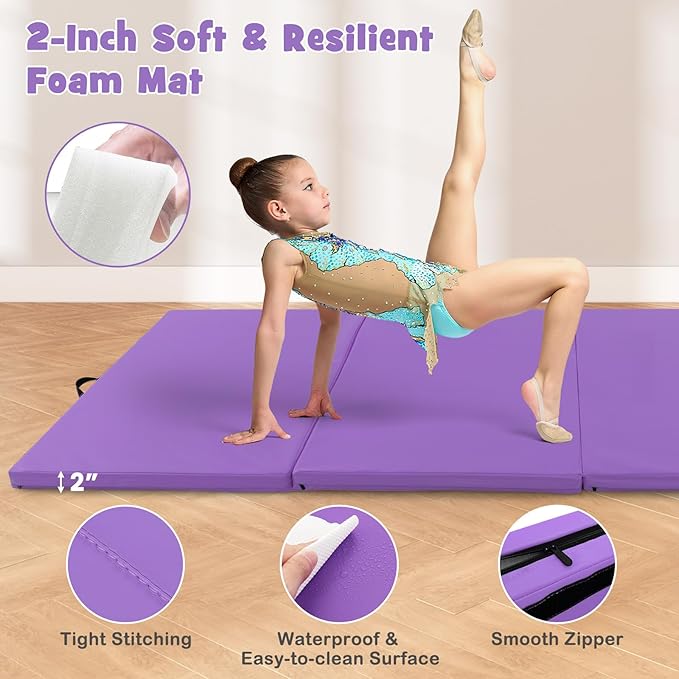 Giantex 4'x10'x 2" Gymnastics Mat, 4-Panel Folding Aerobics Exercise Mat w/Hook & Loop Fastener, Carrying Handle, Portable Tumbling Mat for Stretching Yoga Cheerleading Martial Arts