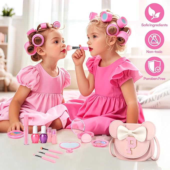 Kids Makeup Kit for Girls - 15 Pcs Real Washable Make Up Set - Non Toxic Toddlers Cosmetic with Letter Mouse Ear Purse - Dress up Birthday Gifts for 3 4 5 6 7 8 Years Old Girls - P