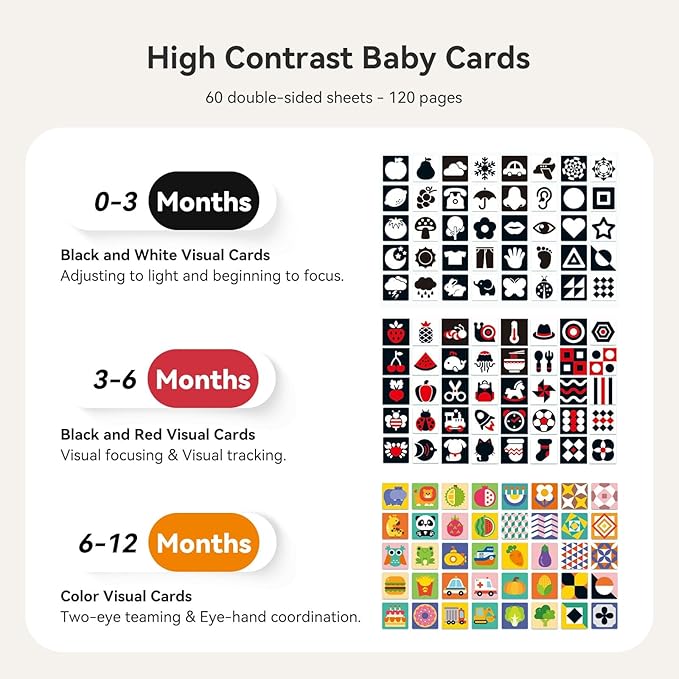 Rotating Baby Safe Mirror with 120 Pages Visual Stimulation Cards - Wooden Tummy Time Mirror Toys - Black White Red and Color High Contrast Baby Flashcards for Brain and Cognitive Development