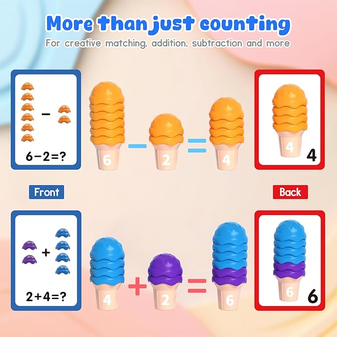 NEOROD Rainbow Ice Cream Counting Toy & Color Recognition Stacker，Sensory Math Manipulatives for Toddler Preschool Learning Activities, Fine Motor Skills Toy,Set of 42 Scoops，6 Cones, a Container.