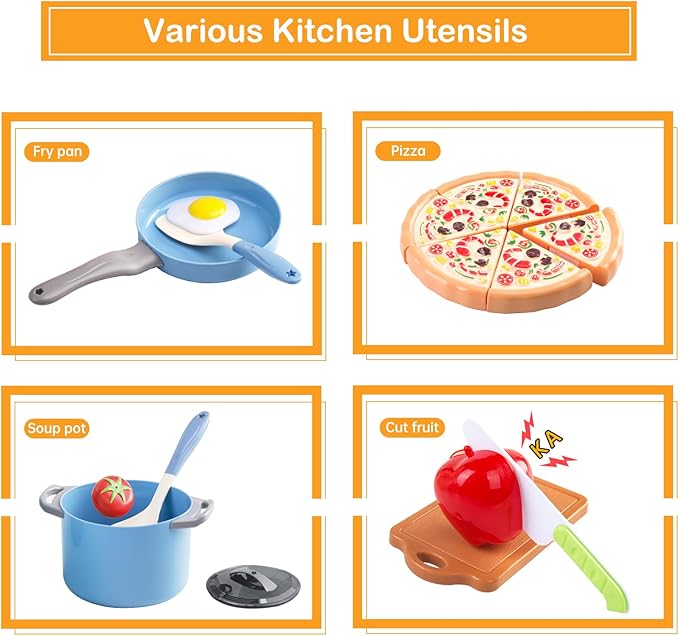 150Pcs Kitchen Playset, Toddlers Pretend Cooking Cookware Accessories, Food, Picnic Blanket, Fruits, Veges, 2Pack Shopping Storage Basket, Dessert and Prop Money, Gift for Kids (Blue)