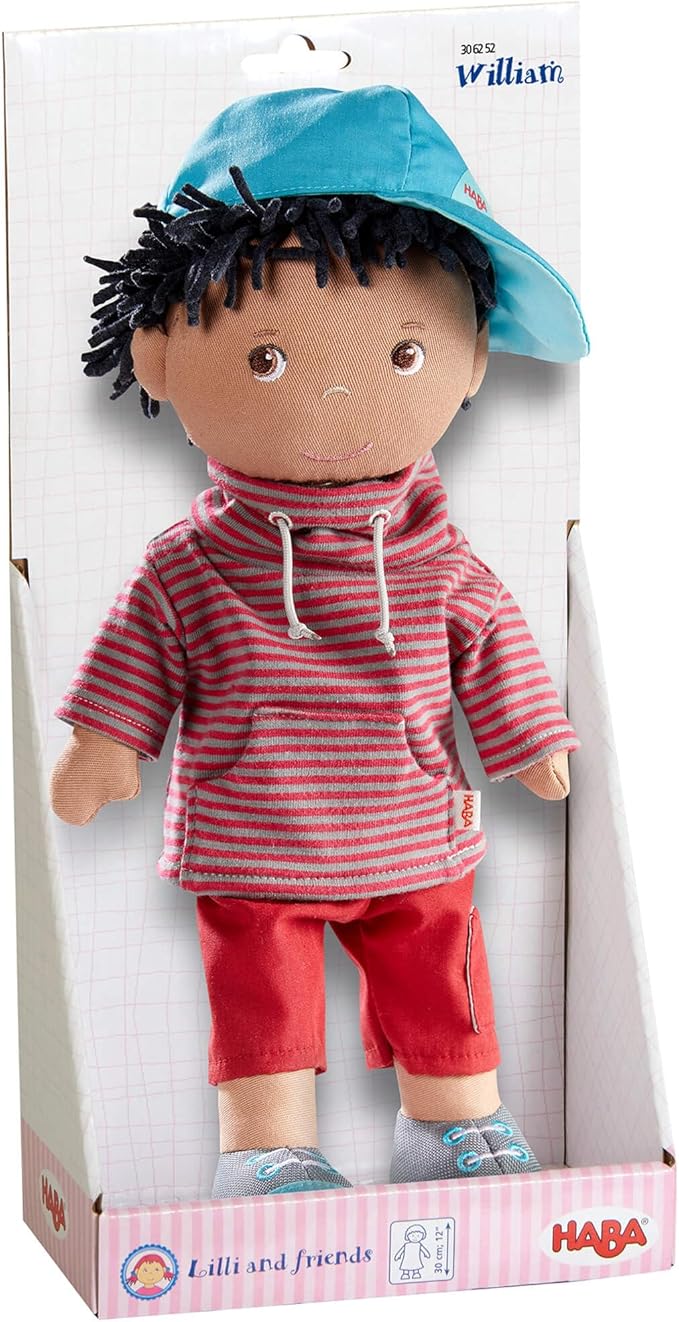 HABA William 12" Soft Doll - Black Baby Boy Doll (Machine Washable) Perfect Plush Toy for 18 Months & Up with Removable Clothing and Embroidered Face