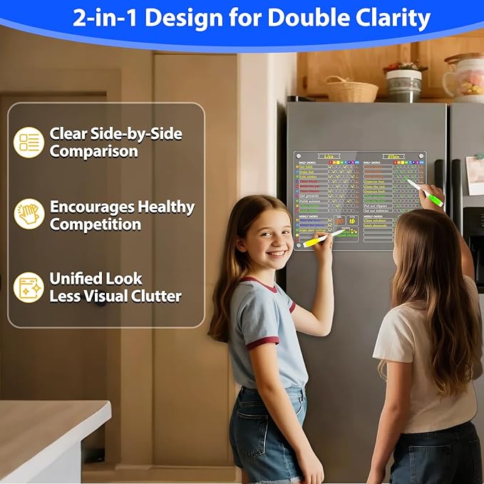 PigPotParty 2-in-1 Acrylic Magnetic Chore Chart for 2 Kids, Couples, Roommates, 15"x11" Large Dry Erase Chore Board for Fridge, Clear Weekly & Daily Reward Chart, Includes 12 Markers & Towel