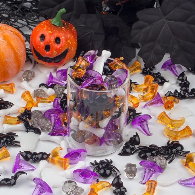 250PCS Halloween Vase Filler – Acrylic Halloween Sensory Bin Filler with Spiders, Bats, Skulls, Ghosts, Witch Hats, Boots, and Bones, Mini Halloween Figurines for Crafts and Bowl Decor
