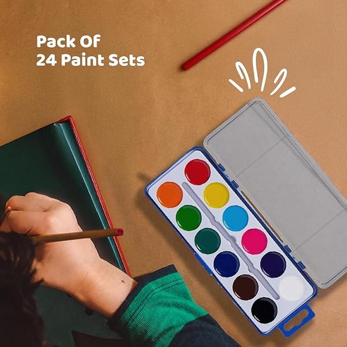 Pack of 24 Watercolor Paint - 12 Washable Paint Palettes (2oz/each) - Water Color Paint Sets for Kids - Ideal for Art Projects, School, Classrooms, and Home - Vibrant Colors and Easy Clean-Up