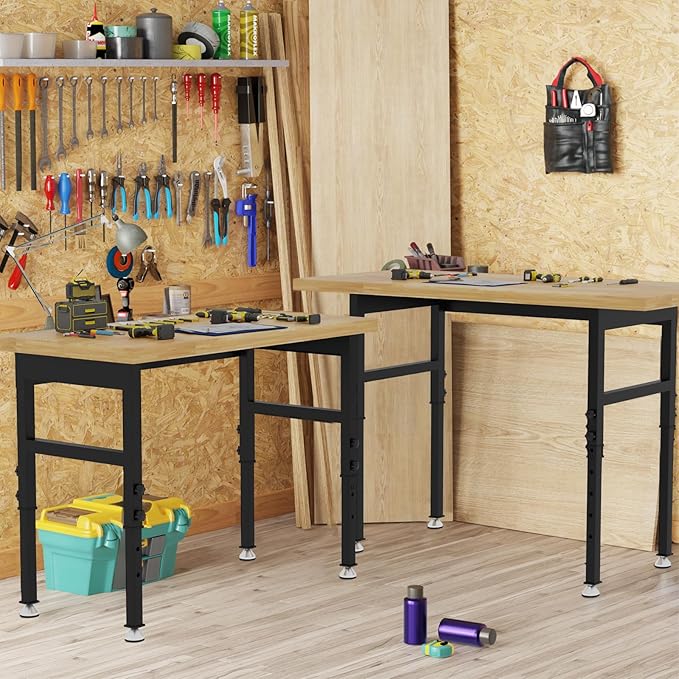 48'' Adjustable Workbench, Solid Wood Work Bench Table, Metal Tool Bench Work Bench for Garage, Large Load Capacity Garage Workbench Workshop Table for Workshop,Office,Home, Easy Assembly