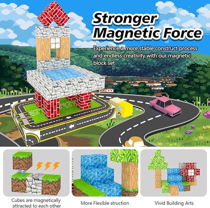 100PCS Magnetic Building Blocks for Kids Ages 4-8, Magnetic Cubes, Magnet STEM Sensory Toys-Tiles Road Track, Magnet World Build Set, Christmas Birthday Gifts Toy for Girls & Boys 3+ Ages