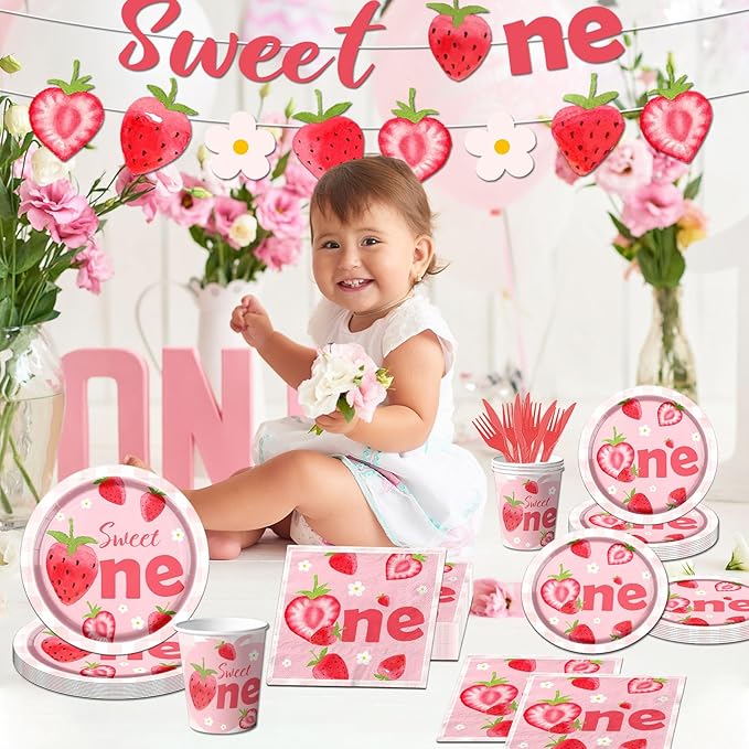 Strawberry First Birthday Party Tableware Set, 142Pcs Sweet One Strawberry Birthday Party Decorations, Include Plates, Cups, Napkins, Banner, Tablecloth for Berry First Birthday Party Supplies