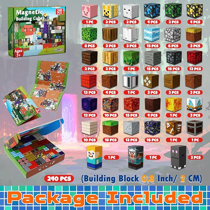 240 PCS Magnetic Blocks - Magnetic Building Block for Kids Ages 4-8, Magnet Blocks Cubes Constructions Toys for 3 4 5 6 7 8 9 10 12 Years Old Boy Girl, STEM Educational Stacking Holiday Birthday Gift