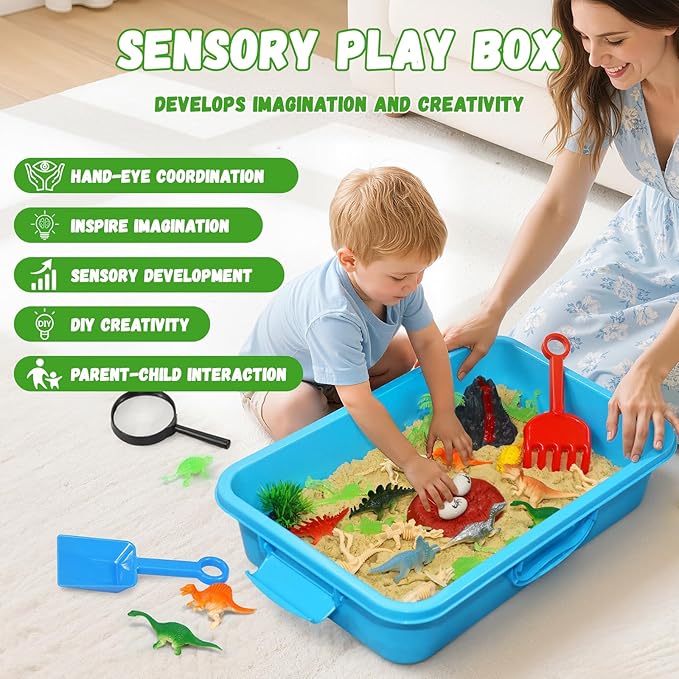 Pakimio Dinosaur Sensory Bin with Lid, 2.64lbs Magic Sand, Dino Figures & Skeletons, Archaeology & Sand Tools, Scenic Elements, Play Sand Kit Dinosaur Toys for 3 4 5 6 7 8+ Year Old Boy Birthday Gift