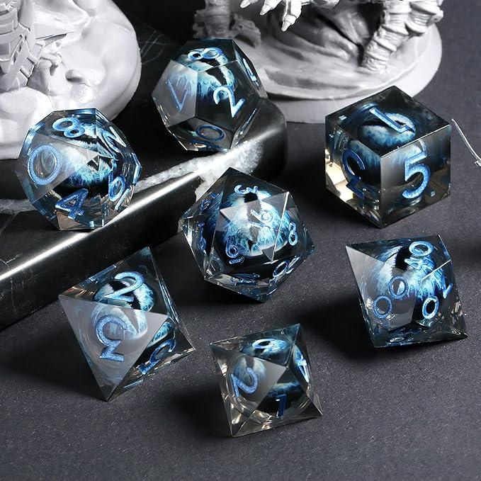 DNDND Dragon Eye Blue Resin Dice Set with Gorgeous Gift Case for Tabletop RPG Games