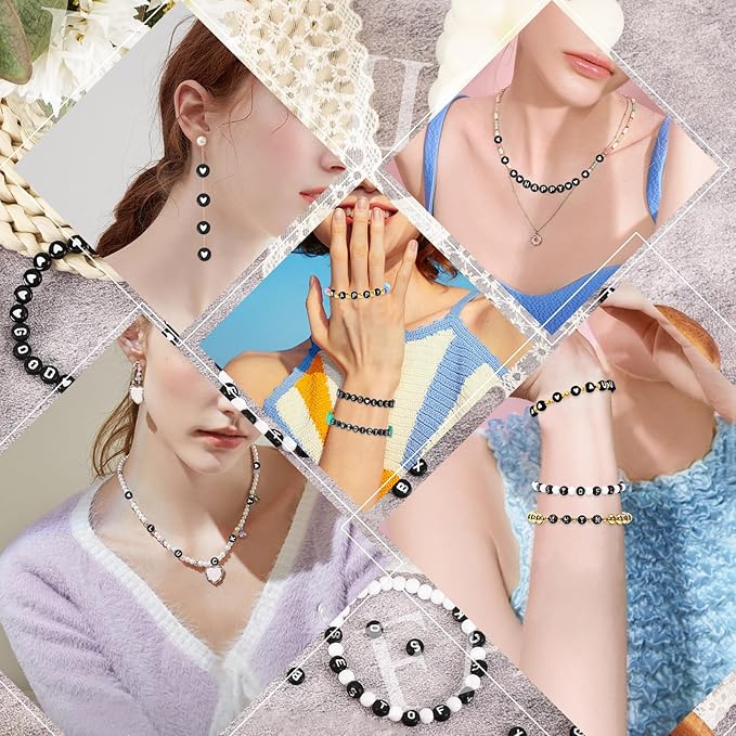 Letter Beads, DECYOOL Acrylic Alphabet Beads with 1 Roll Elastic String for Bracelet Necklace Jewelry Making Supplies (Black White)