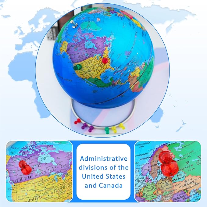 9" World Globe for kids Learning, Classroom Desk, Geographic Globe with iron Stand & colorful Magnetic Push Pins & magnifier & handkerchief, 360° Horizontal Rotation Educational World Globe, Blue