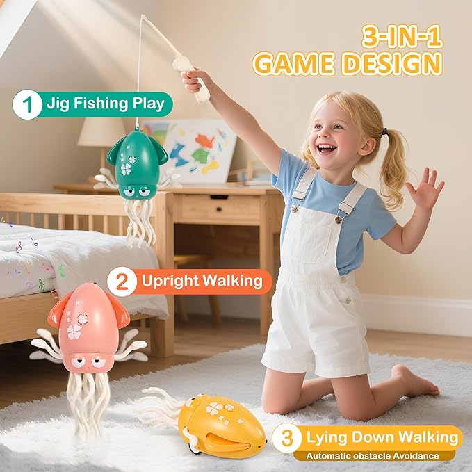 Electric Dancing Octopus Toy with LED Lights and Music, Automatic Avoidance, USB Rechargeable Crawling Belly Time Toy, Suitable for Children 3 Years and Older Birthday Gift (Yellow)