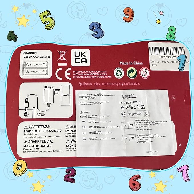Rechargeable Wooden Kids Cash Register with Scanner, Pretend Play Cash Register Toy with Fake Money, Food, Credit Card, Toddler Boys Girls Age 2-4 4-8