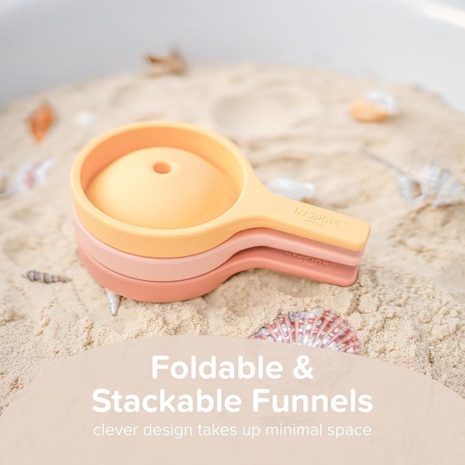 Inspire My Play 3 x Coral Silicone Collapsible Funnels for Kids - Sensory Play Funnel Toys for Kids - Pouring Toys for Toddlers - Food Safe Sensory Bin Tools and Accessories