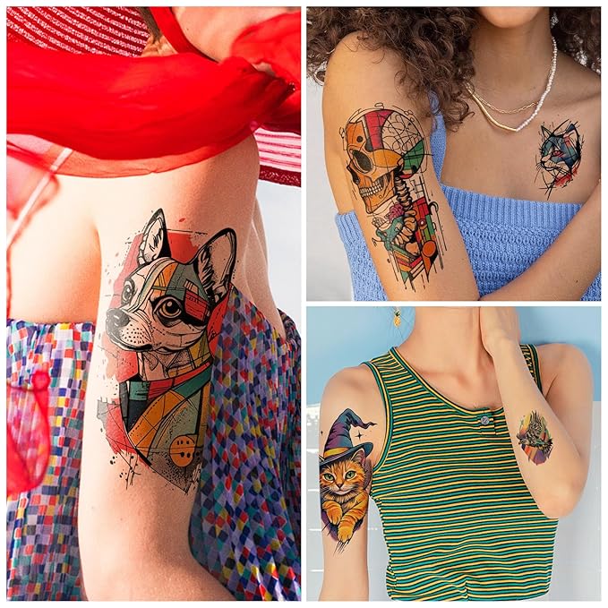 47 PCS Pop Art Hippie Temporary Tattoos Adult Kids 17 PCS Large Half Arm Fake Tattoos, 30 PCS Waterproof Tiny Stickers Gifts Party Favor Supplies