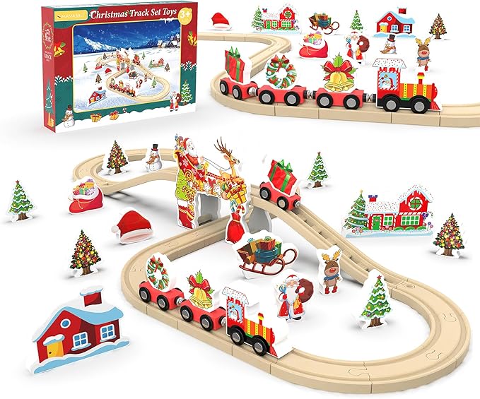 Wooden Railway Set for Kids, 42-Piece Wooden Train Track for Toddlers, Christmas Train Toys for 3 4 5 6 Years Old Compatible with Thomas, Brio