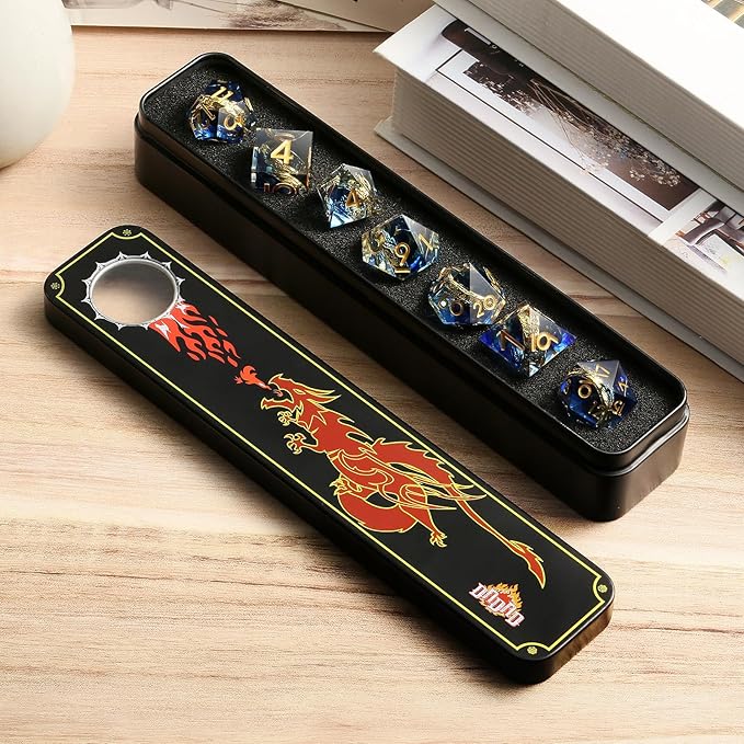 Magic Golden Ring DND Set DNDND Swirl Sharp Edge D&D Dice Set with Gift Case for Dungeins and Dragons Role Playing Game (Blue)