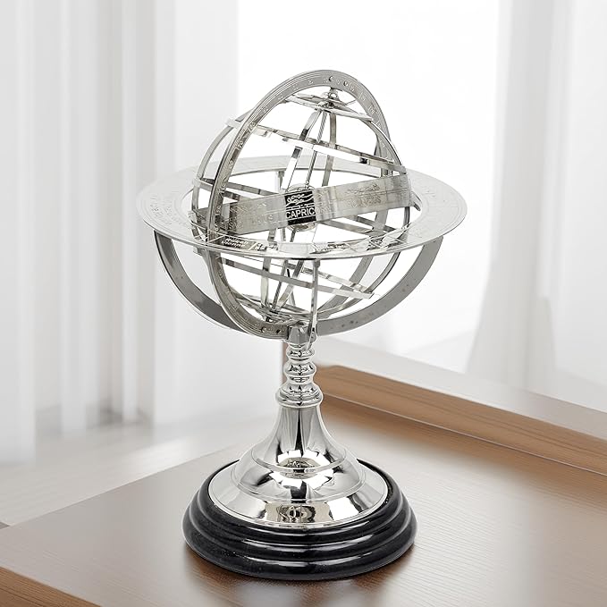 Antique Vintage Zodiac Armillary Brass Sphere Globe Wooden Display | Pirate's Antique Ship Decor | Nagina International (Medium, Nickel Plated)
