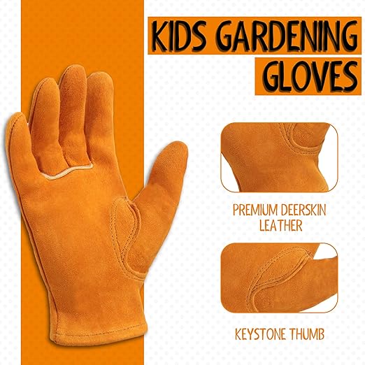 HANDLANDY Kids Genuine Leather Work Gloves for ages 3-11, Children Gardening Gloves for Boys, Girls (Medium (for age 5-7), Orange)