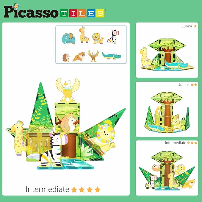PicassoTiles Magnet Tile Building Blocks Safari Themed Playset with 8 Animal Character Action Figures Magnetic Tiles STEM Learning Imaginative Play Toy Construction Set Preschool Toddler Ages 3+ PTQ22