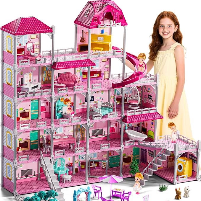 Villa Playset for Girls Ages 3-7, Indoor Playset Girls Toys for Ages 6-8 with 4 Storeys 18 Rooms 4 Dolls, Furniture and Accessories, Pretend Toddler Toy, Birthday Gifts for Kids 3 4 5 6 7 8
