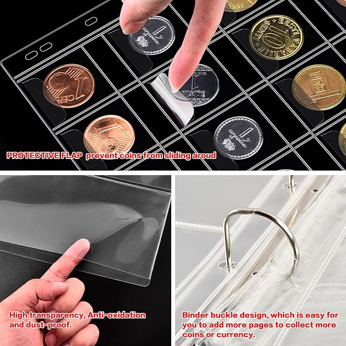 Coin Collection Book Holder for Collectors, 200 Pockets Coins Collecting Album & 30 Sleeves Paper Money Display Storage Case for Currency Collection Supplies (200+30 paper money binder)-Blue