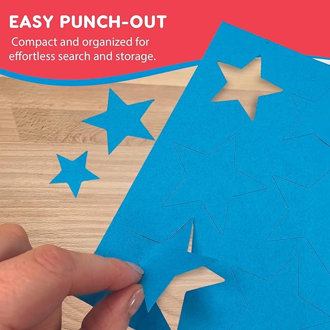 Basic Shapes 2: Hearts, Stars, Hexagons, Rectangles, 696 Pieces US Made Card Stock Punch Out Geometric Shapes in 3 Sizes and 4 Primary Colors for Math, Pattern Play and DIY Crafting