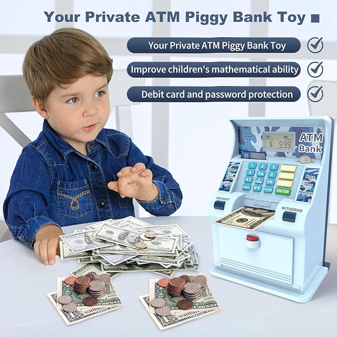 ATM Piggy Bank for Kids，ATM Bank Cash Coin Saving for Real Money with Debit Card，Coin Recognition, Balance Calculator, Electronic Savings Safe Box，Gift for Ages 6-13 Piggy Bank
