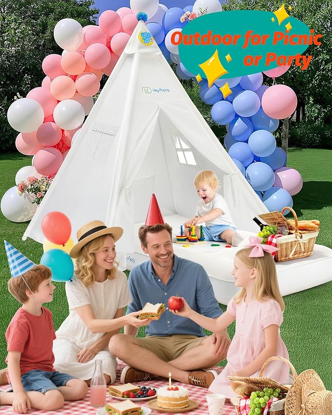 3 Pack Teepee Tent for Kids with Inflatable Airbed, Light, Toddler Tent Children Room Tents, Slumber Party Sleepover Tents, Indoor Outdoor Kids Playtent Playhouse for Girls & Boys