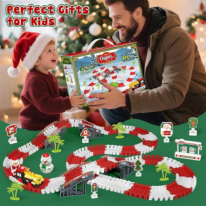 MOONTOY Track Car Toys for Kids, 233 PCS Construction Race Tracks Christmas Train Set, Assembled Light Up Railway Track Toddler Toys, Christmas Birthday Gifts for Boys and Girls Age 3 4 5 6 Year Old