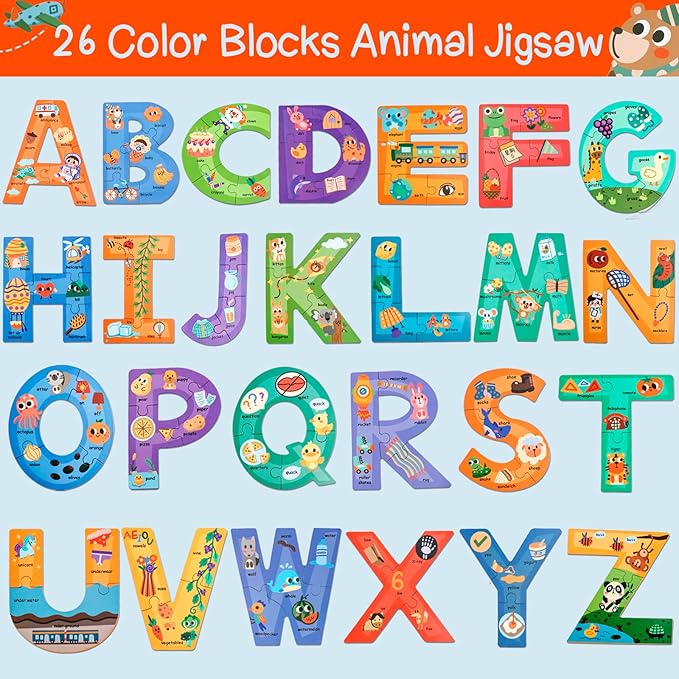 Wooden Alphabet Puzzles for Toddlers Ages 3+,Montessori Preschool Learning ABC Sight Words Letter Puzzle for Toddlers,Learning Toys Easter Birthday Gift for Kindergarten Boys Girls
