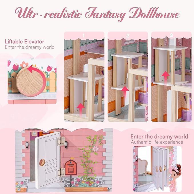 ROBUD Wooden Dollhouse, Doll House Playset with 24-pcs Exquisite Accessories, Working Elevator, Gift for Ages 3+